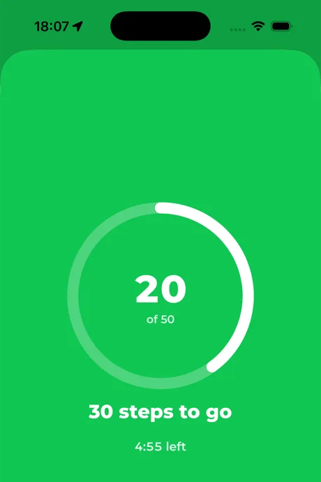 The walk-off screen counting steps: 20 of 50, 30 steps to go, 4:55 left